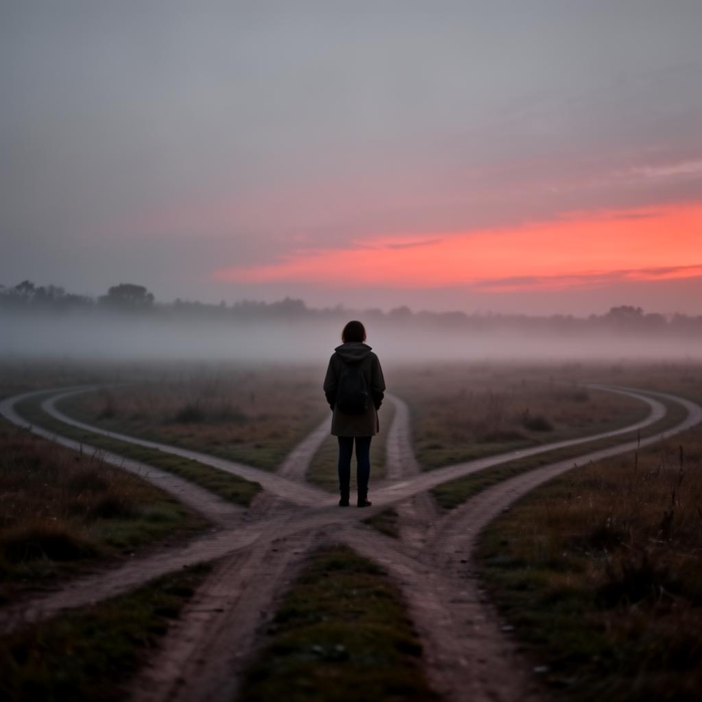 Pessoa em uma encruzilhada ao entardecer